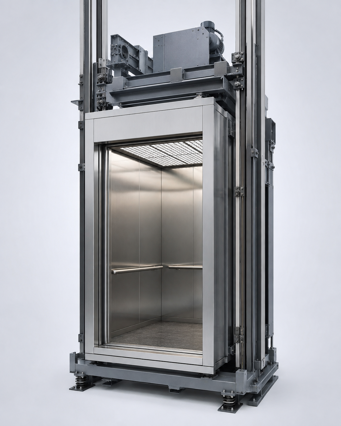 Illustrative stainless steel elevator cabin and support frame